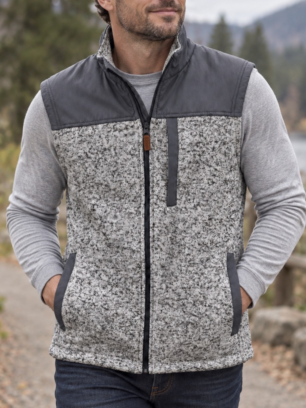 George Gray Heathered Fleece Vest with Dark Gray Trim